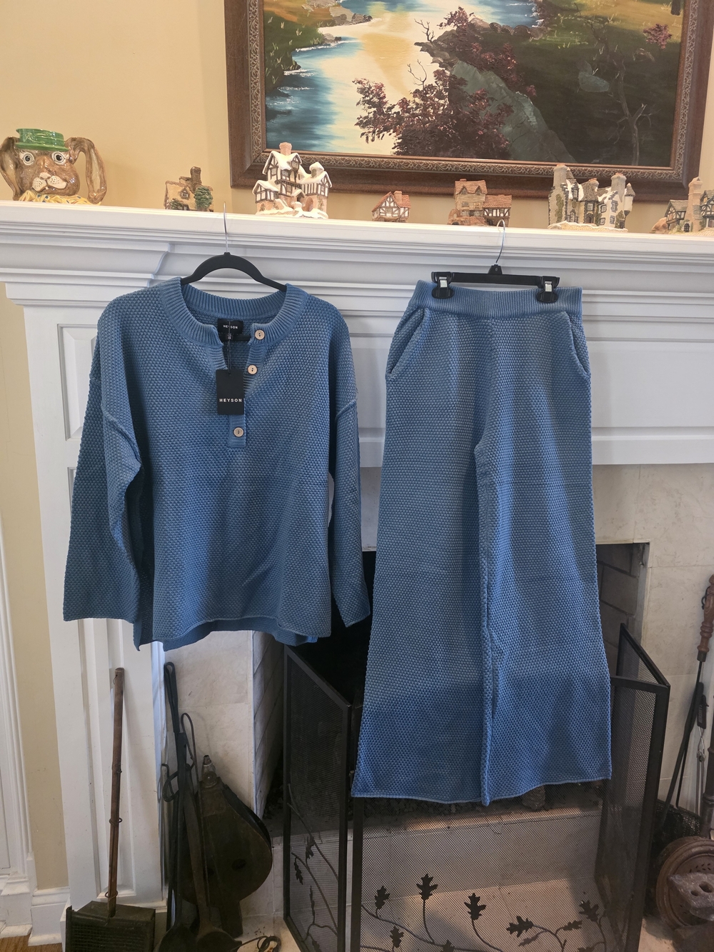 Relaxed Wide-Leg Knit Pants And Matching Long Sleeve Top In Dusty Blue